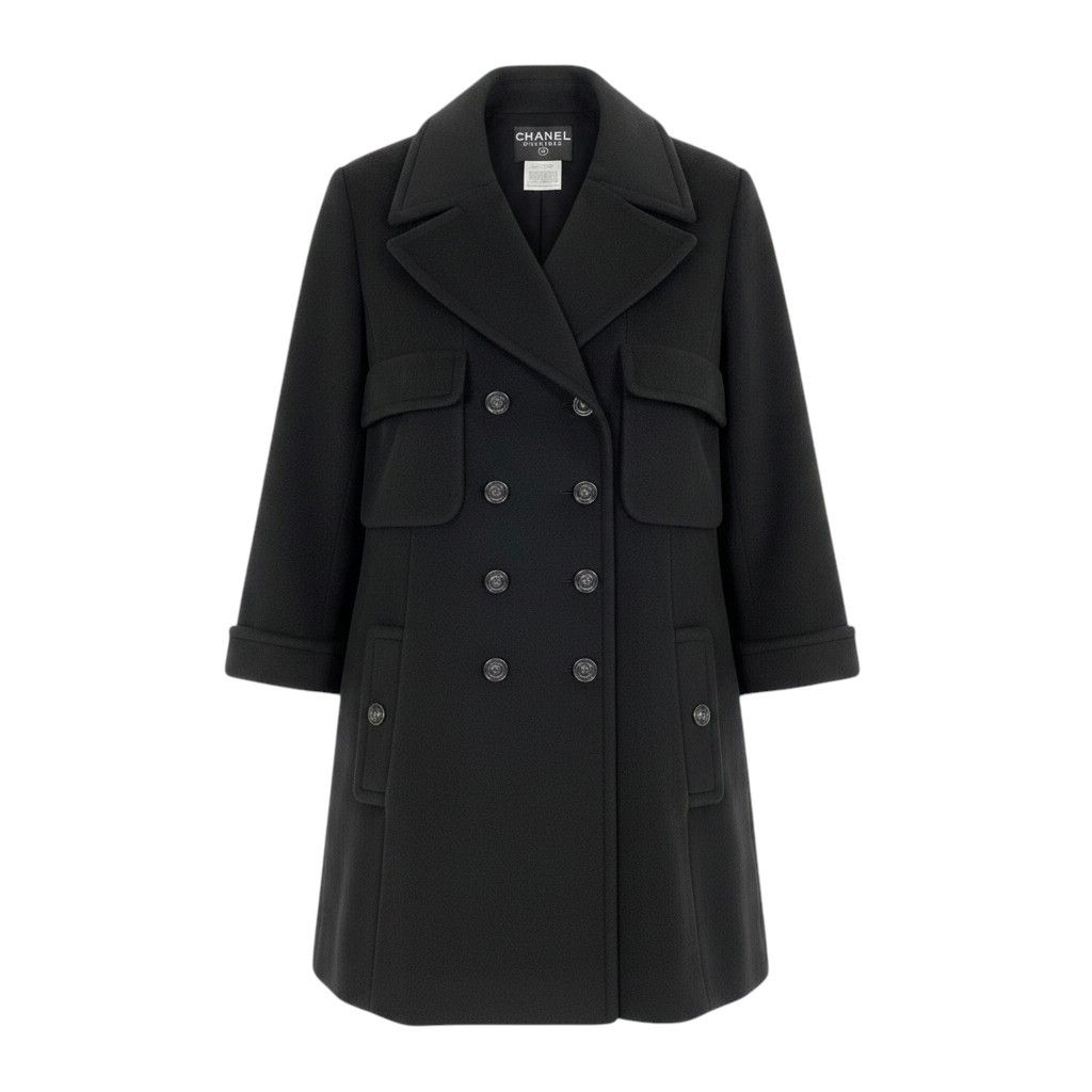 Chanel Boutique Cashmere Double Coat CC Logo Button 40 Black