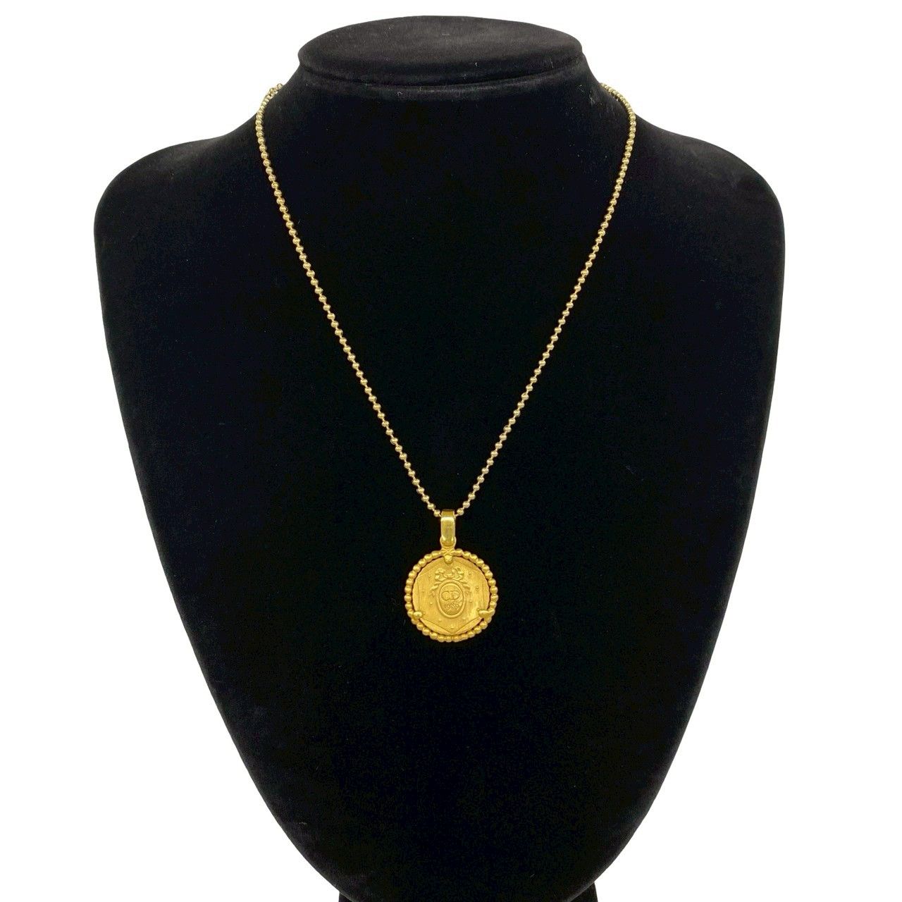 Dior Vintage CD Logo Medal Motif Necklace Ball Chain Pendant Gold
