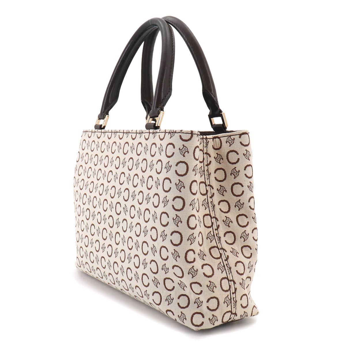 Celine C Macadam Hand Bag Canvas Leather Beige Brown Gold Vintage