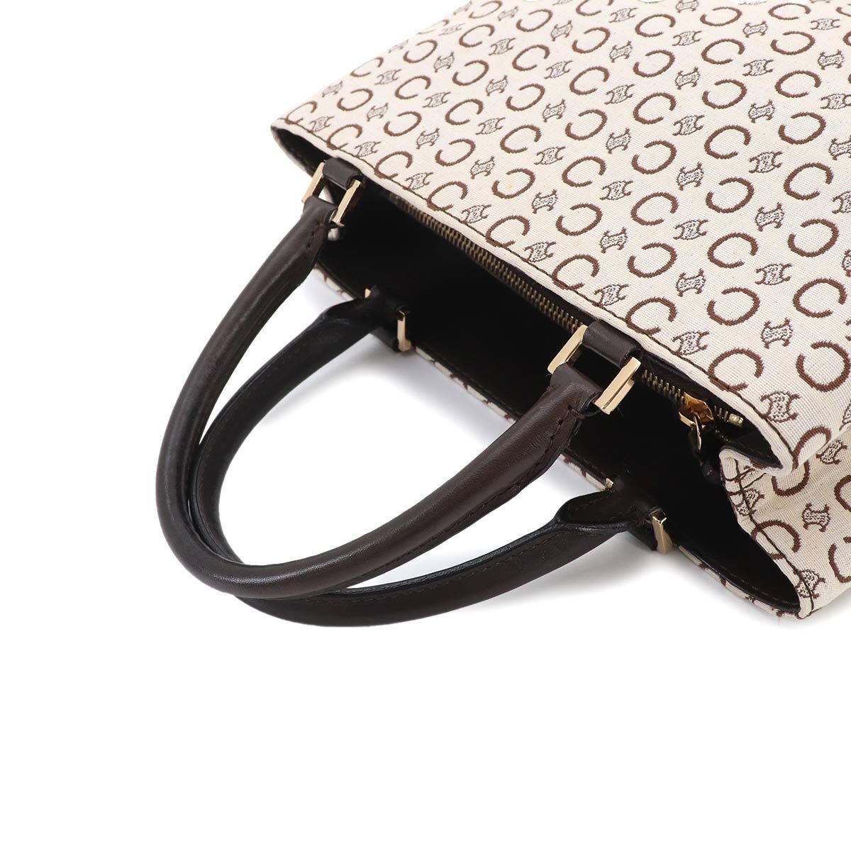 Celine C Macadam Hand Bag Canvas Leather Beige Brown Gold Vintage
