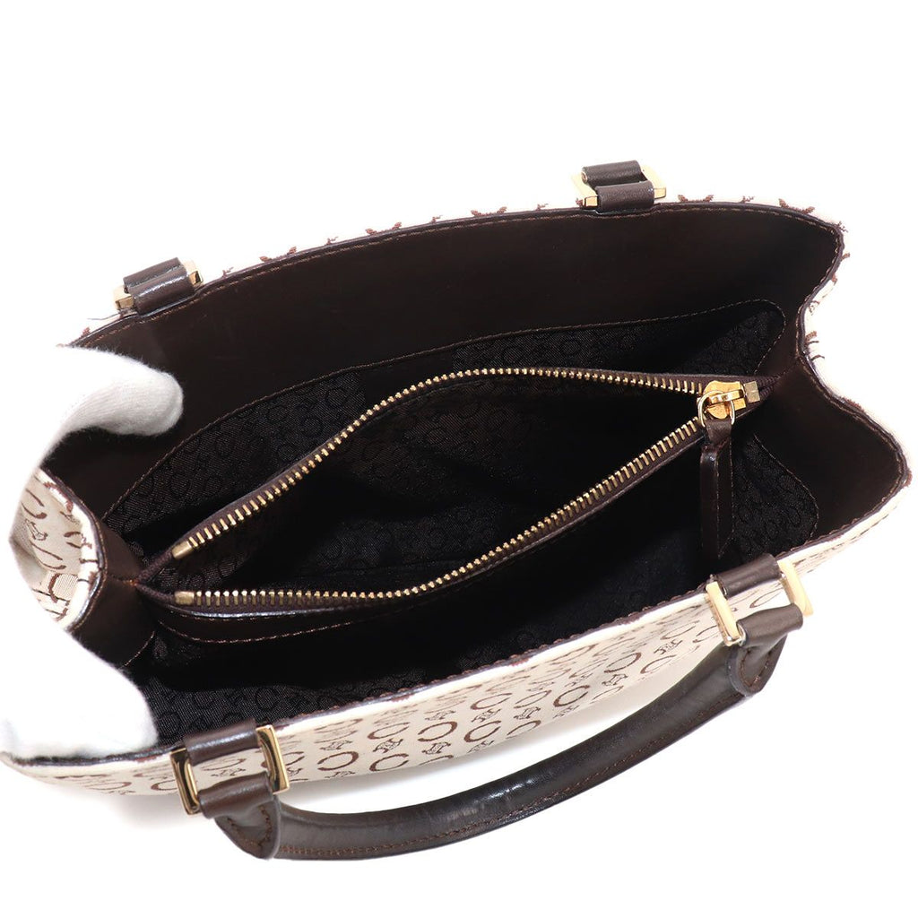 Celine C Macadam Hand Bag Canvas Leather Beige Brown Gold Vintage