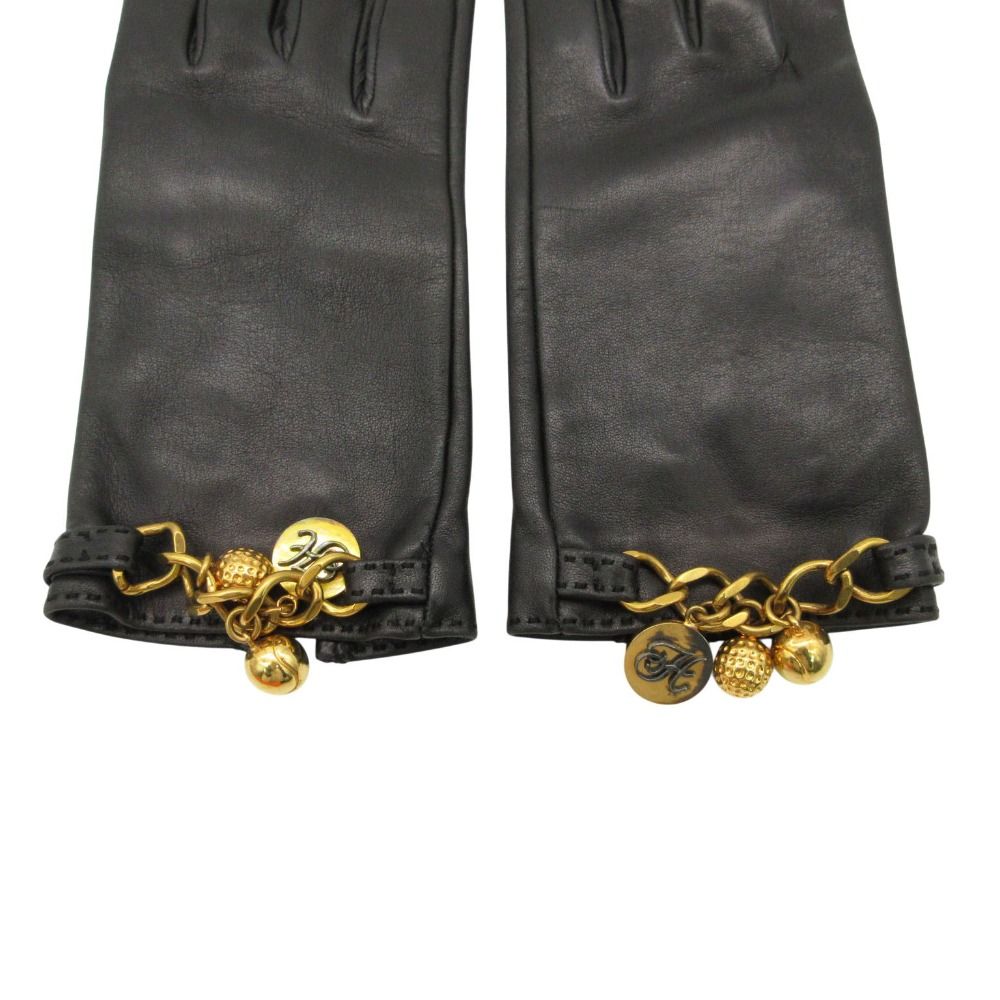 Hermes Gloves Logo Charm Chain Lambskin 7.5 Black