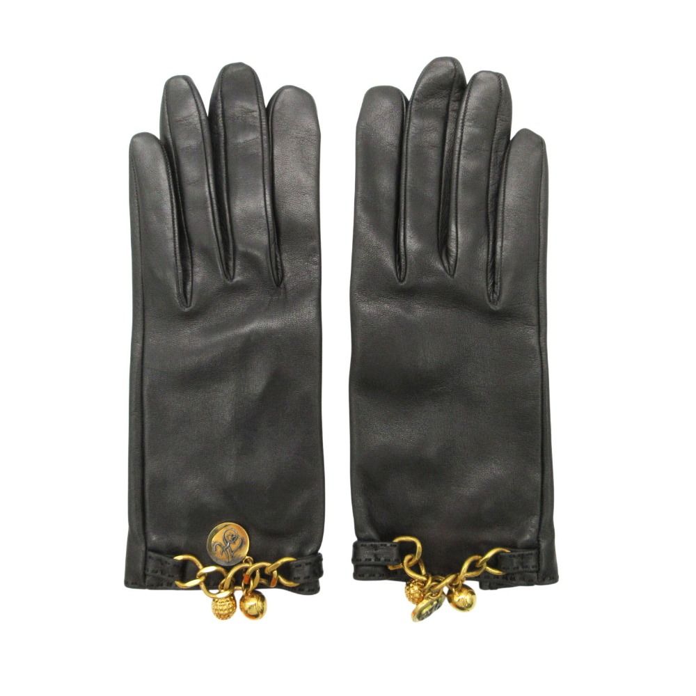 Hermes Gloves Logo Charm Chain Lambskin 7.5 Black