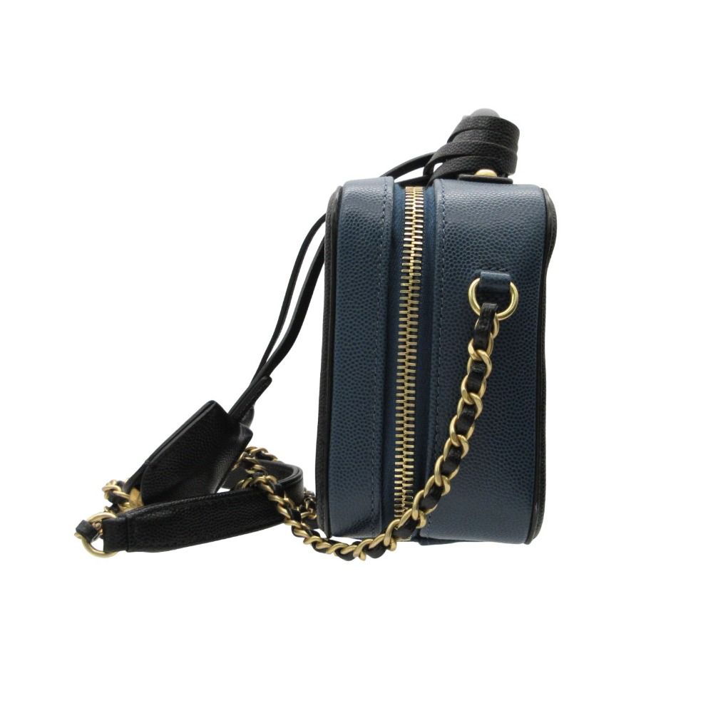 Chanel Shoulder Bag CC Filigree Small Vanity 2-Way Chain Caviar Leather Navy