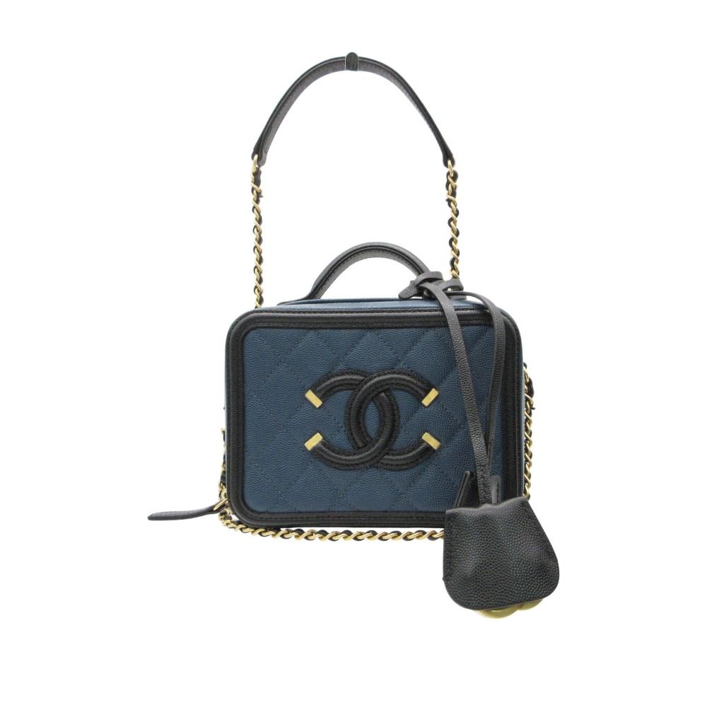 Chanel Shoulder Bag CC Filigree Small Vanity 2-Way Chain Caviar Leather Navy