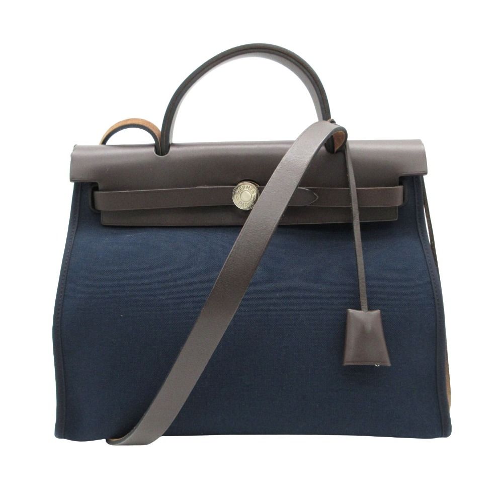 Hermes Handbag Herbag Zip PM Pouch Toile Military Leather Navy