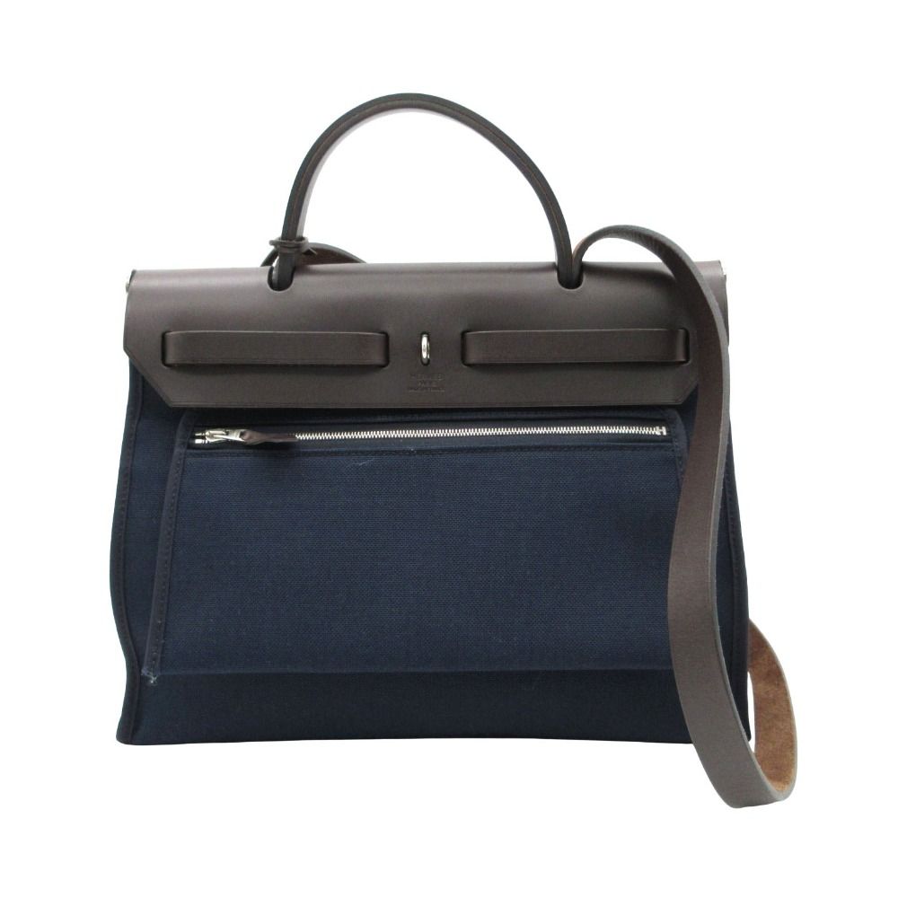 Hermes Handbag Herbag Zip PM Pouch Toile Military Leather Navy