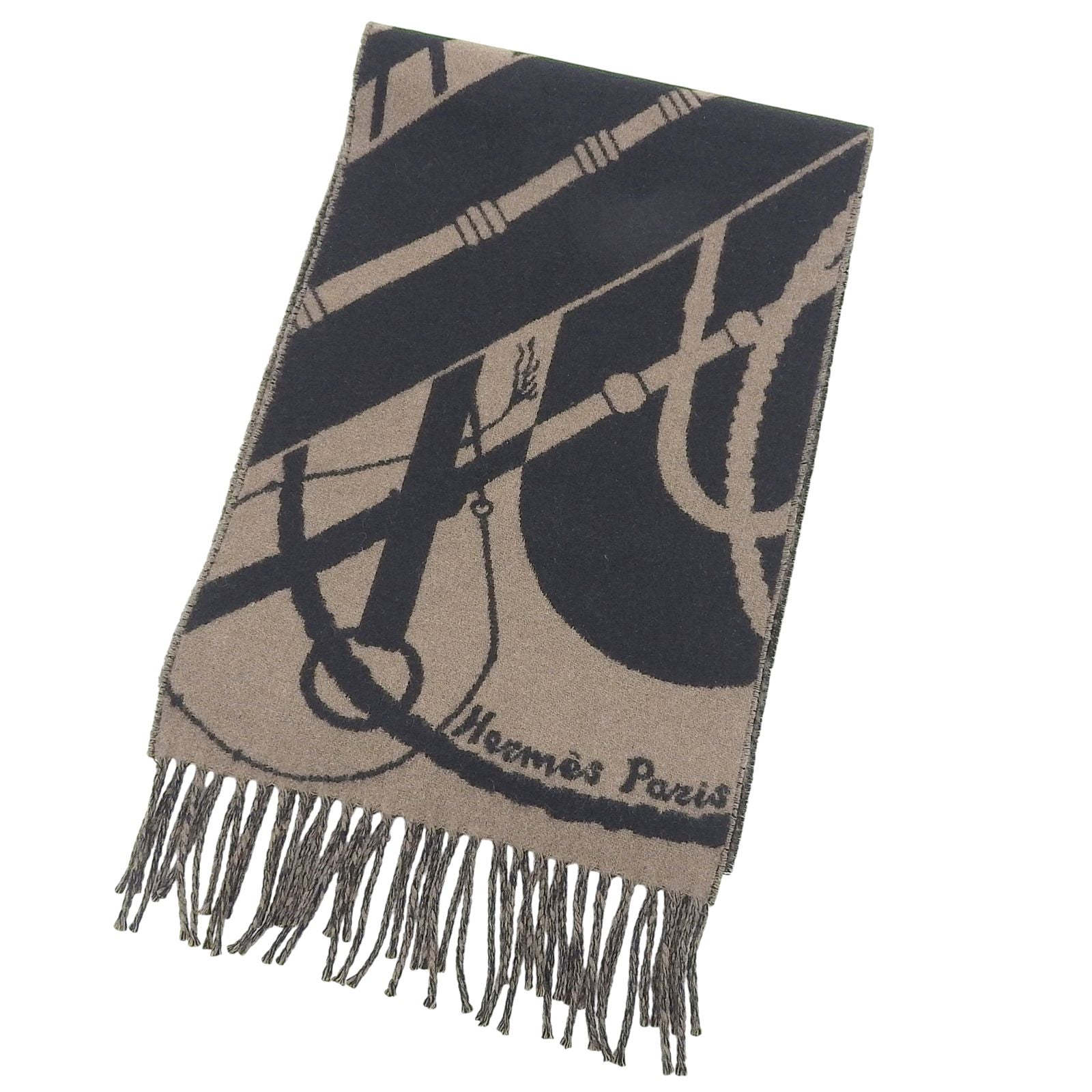 Hermes Clic Clac Cashmere Scarf with Fringe Shawl Brown Black