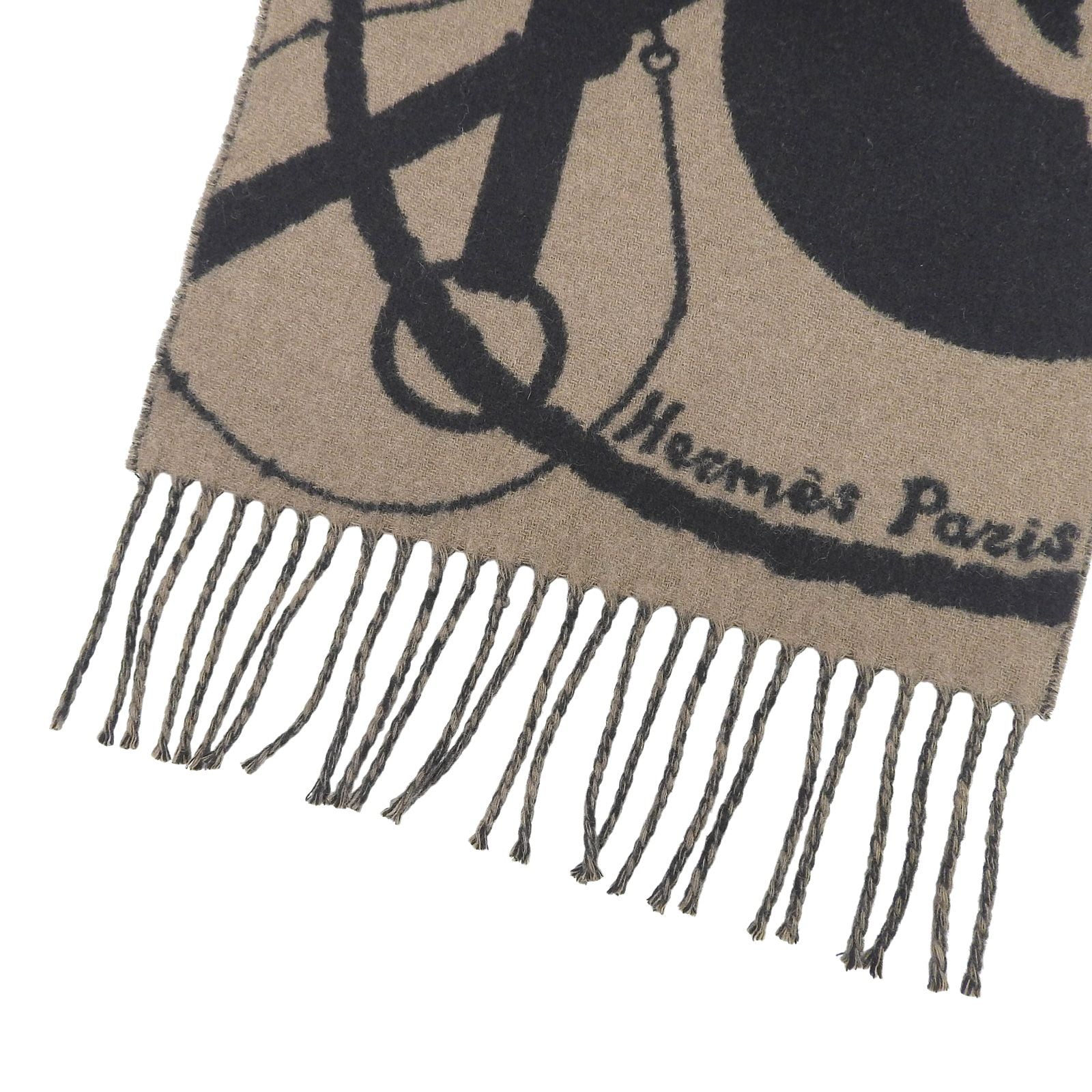 Hermes Clic Clac Cashmere Scarf with Fringe Shawl Brown Black