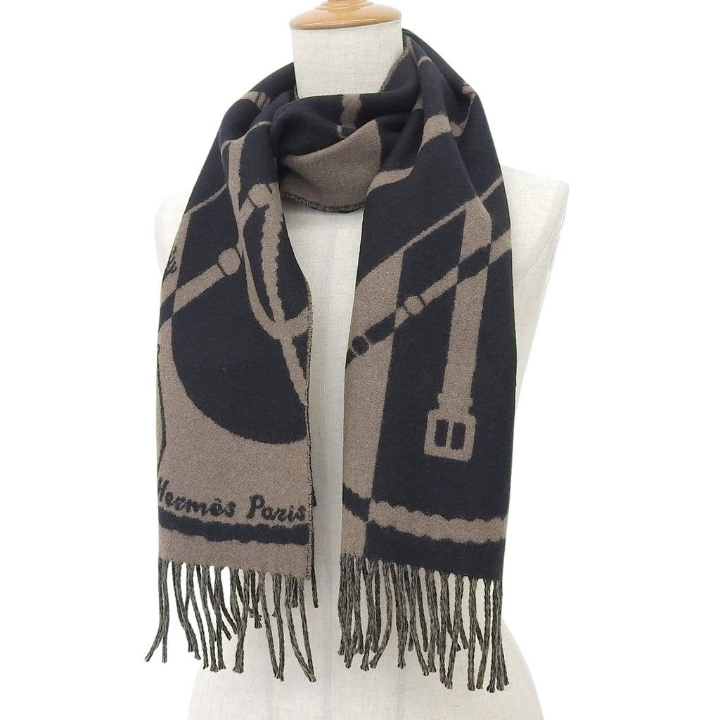 Hermes Clic Clac Cashmere Scarf with Fringe Shawl Brown Black