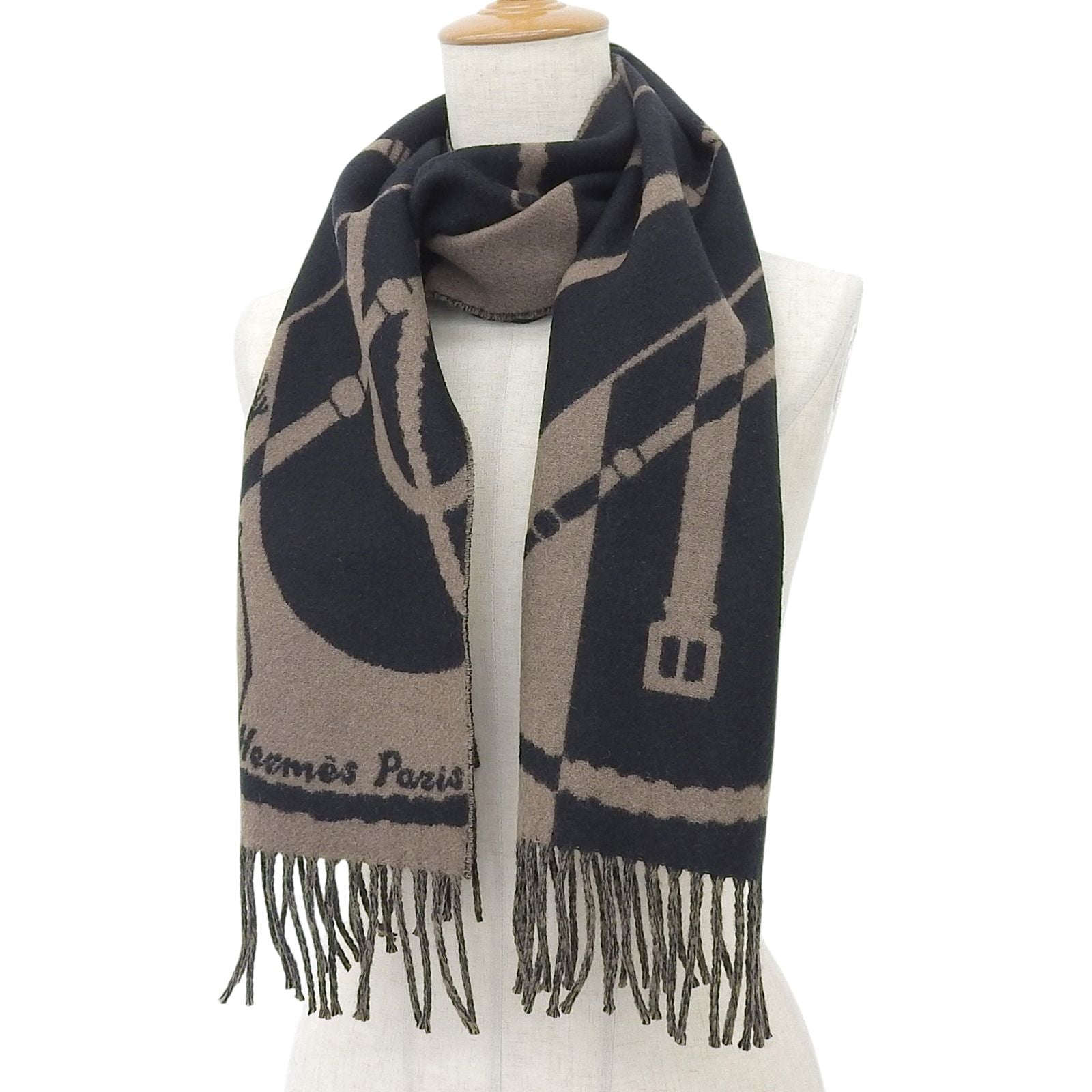 Hermes Clic Clac Cashmere Scarf with Fringe Shawl Brown Black