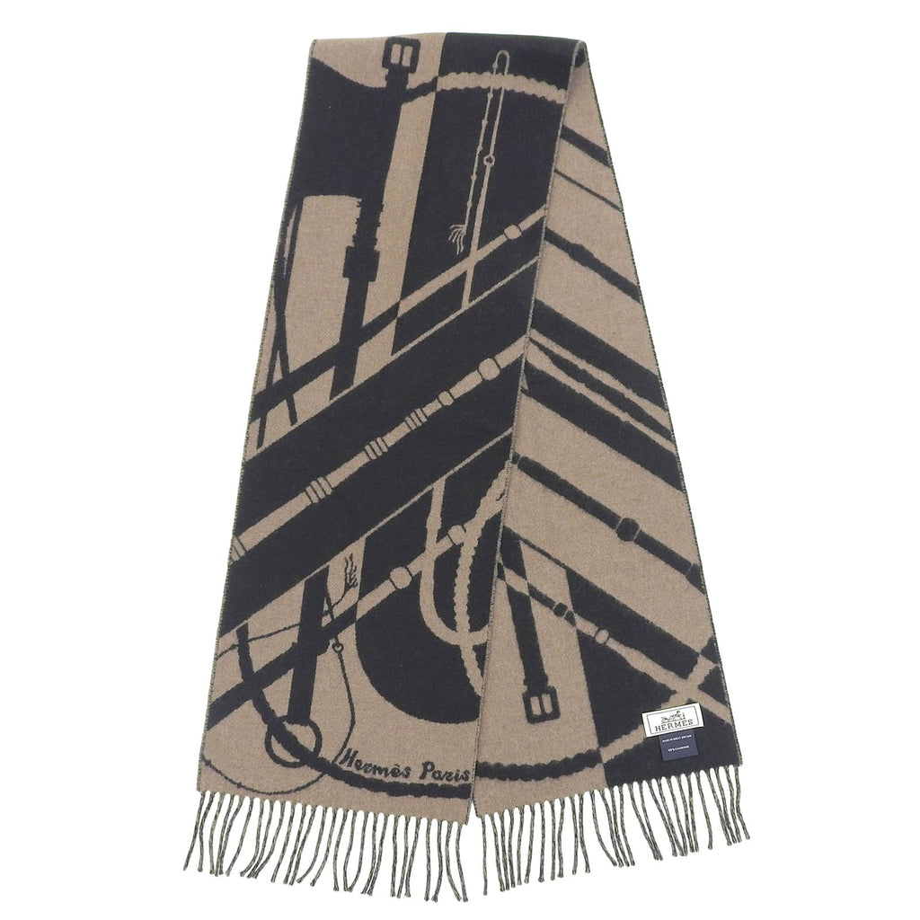 Hermes Clic Clac Cashmere Scarf with Fringe Shawl Brown Black