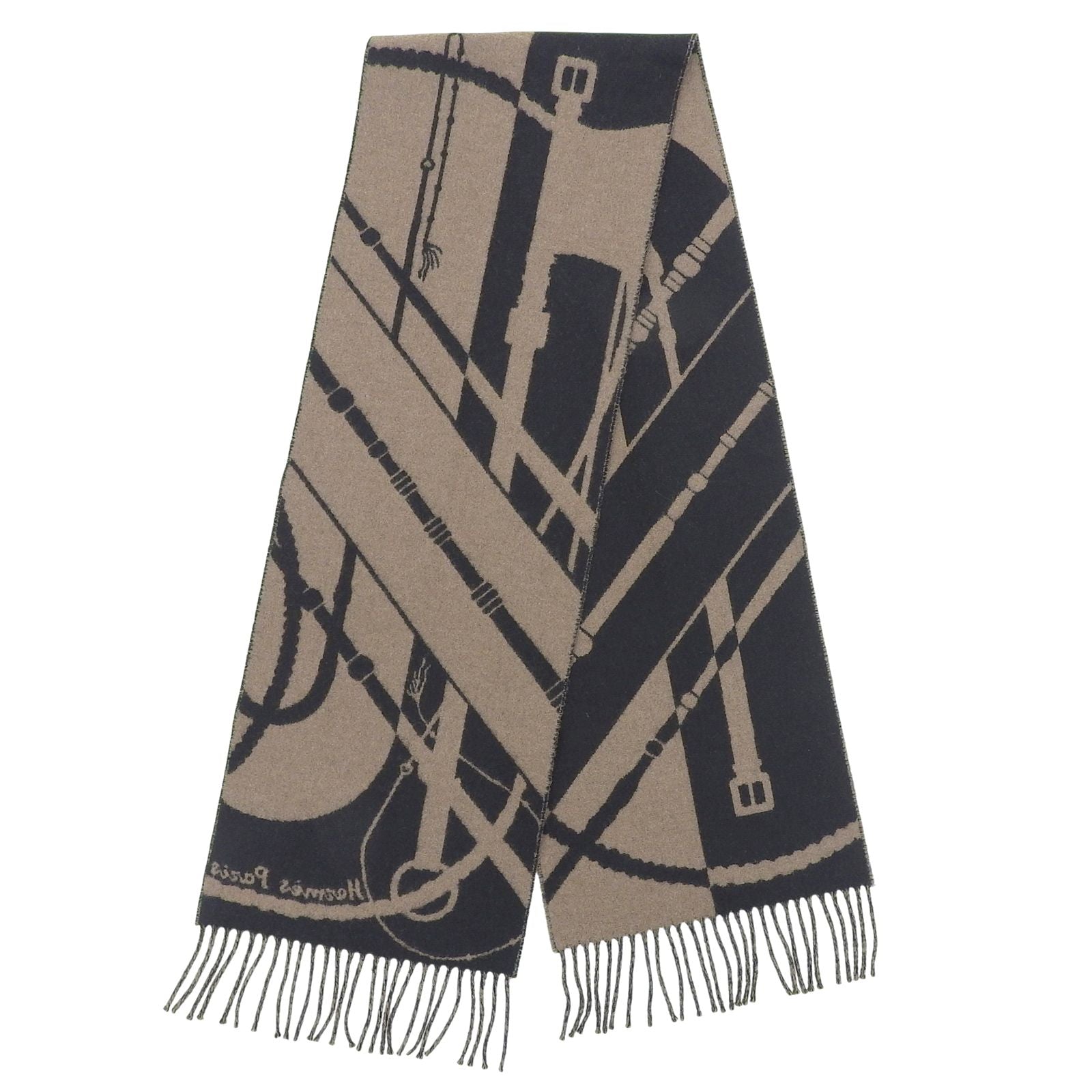 Hermes Clic Clac Cashmere Scarf with Fringe Shawl Brown Black