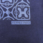 Hermes Cashmere Silk Pattern Fringe Shawl Scarf Navy Blue