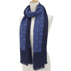Hermes Cashmere Silk Pattern Fringe Shawl Scarf Navy Blue