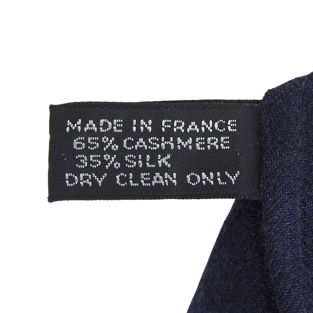 Hermes Cashmere Silk Pattern Fringe Shawl Scarf Navy Blue