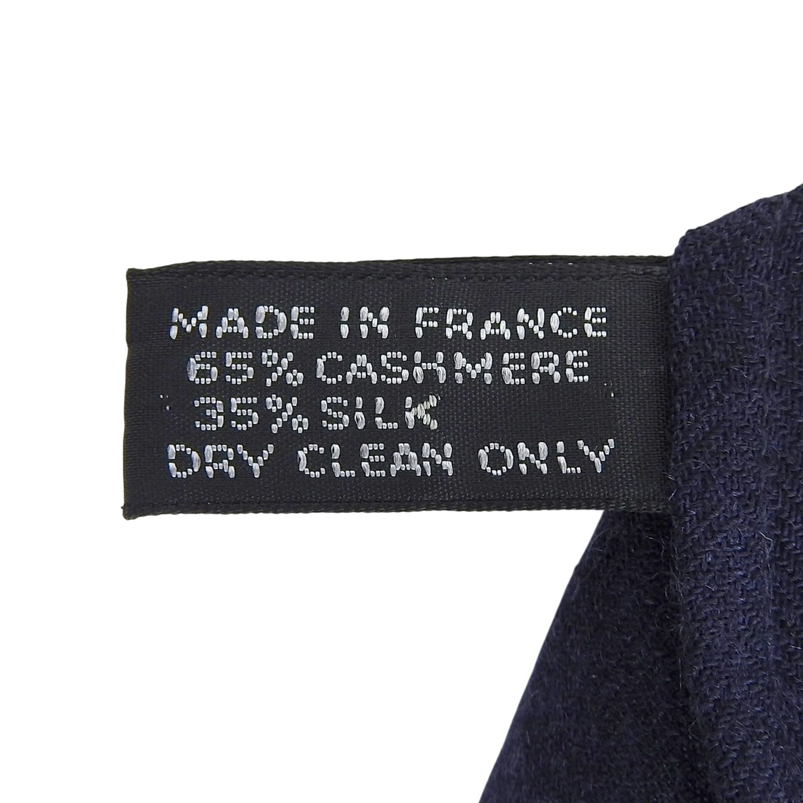 Hermes Cashmere Silk Pattern Fringe Shawl Scarf Navy Blue