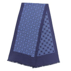 Hermes Cashmere Silk Pattern Fringe Shawl Scarf Navy Blue