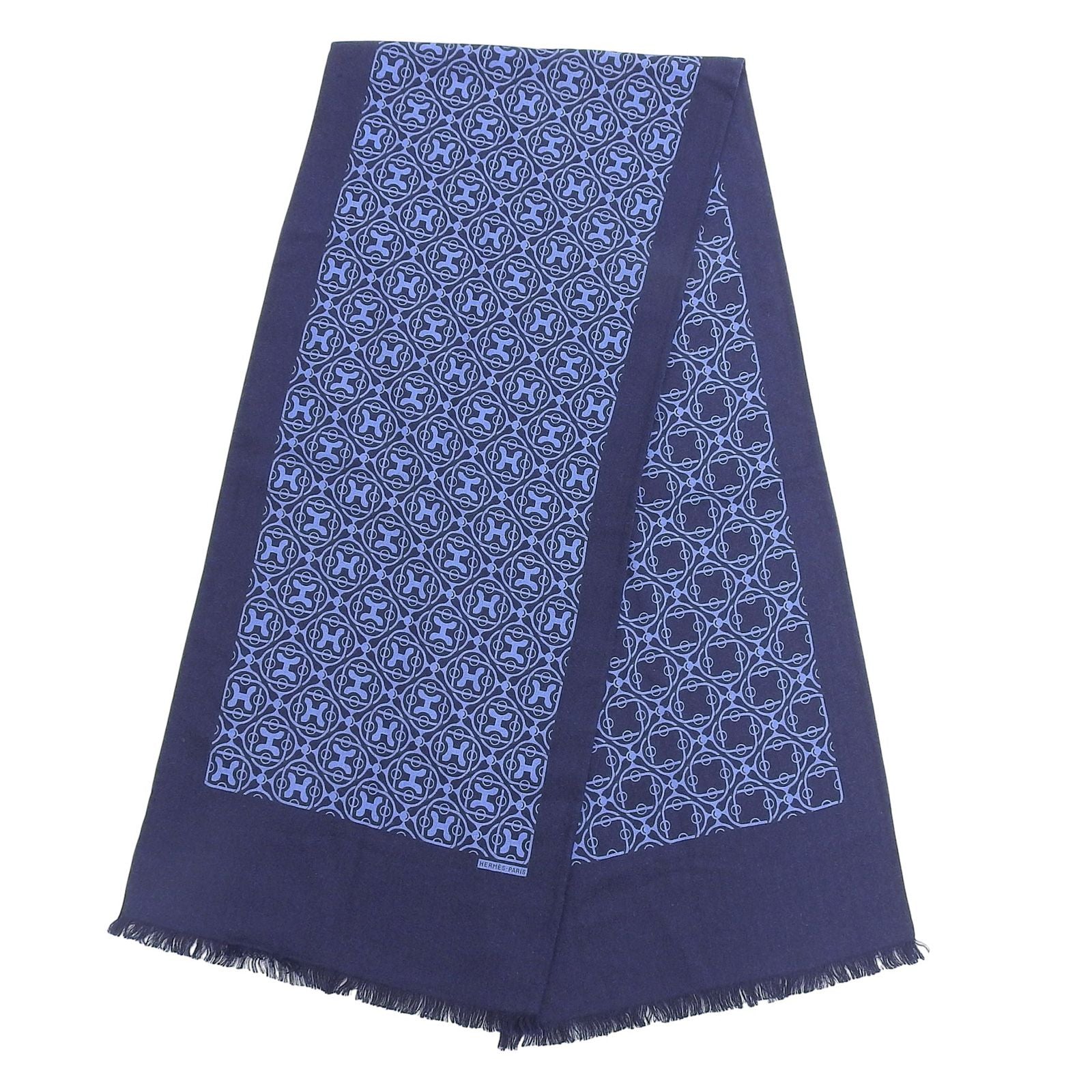 Hermes Cashmere Silk Pattern Fringe Shawl Scarf Navy Blue