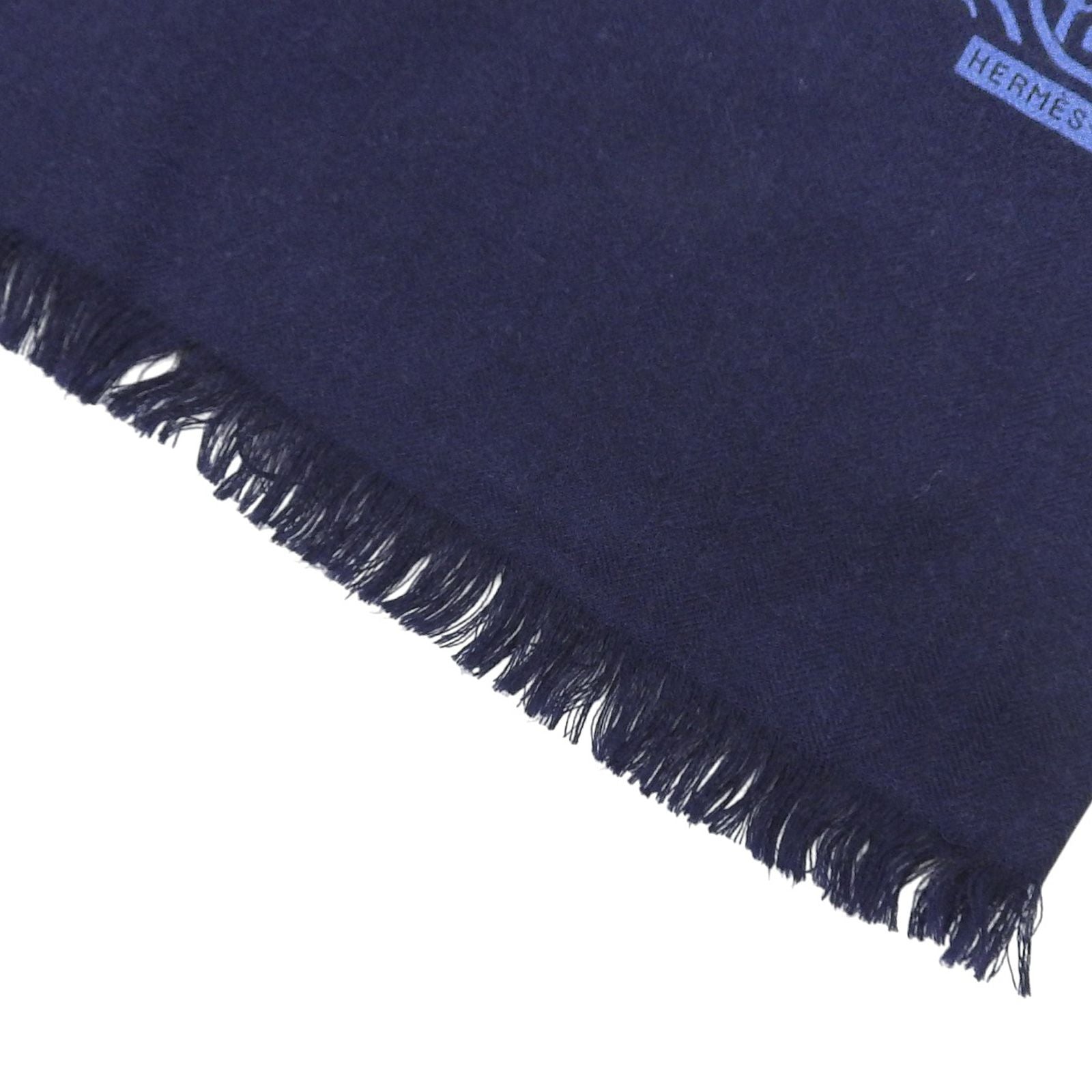 Hermes Cashmere Silk Pattern Fringe Shawl Scarf Navy Blue