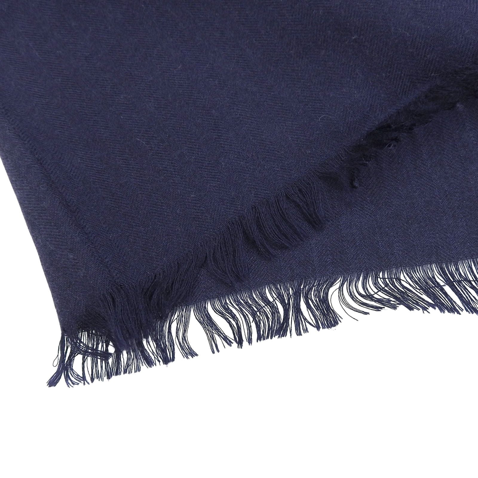 Hermes Cashmere Silk Pattern Fringe Shawl Scarf Navy Blue