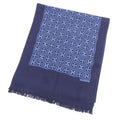 Hermes Cashmere Silk Pattern Fringe Shawl Scarf Navy Blue