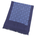 Hermes Cashmere Silk Pattern Fringe Shawl Scarf Navy Blue