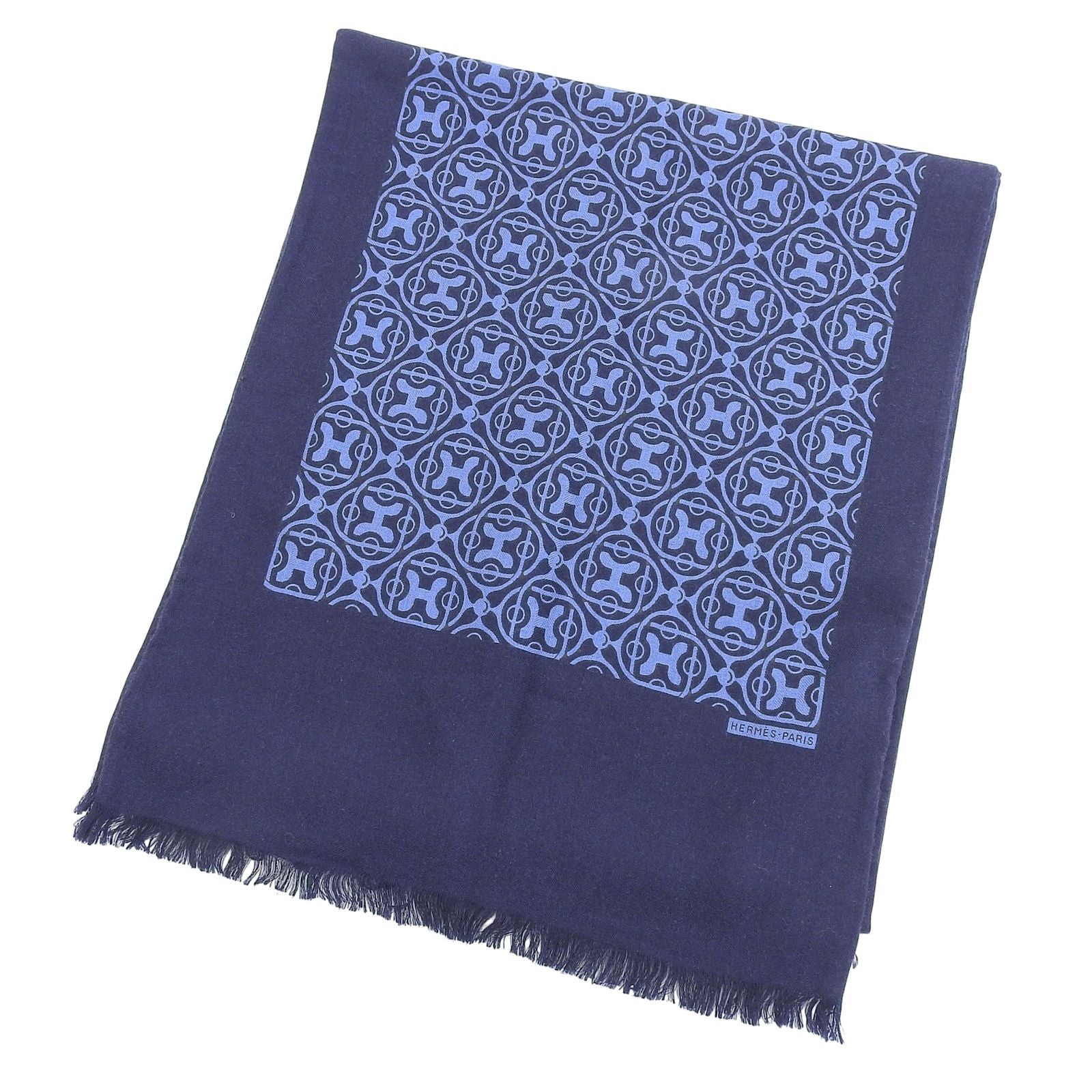 Hermes Cashmere Silk Pattern Fringe Shawl Scarf Navy Blue