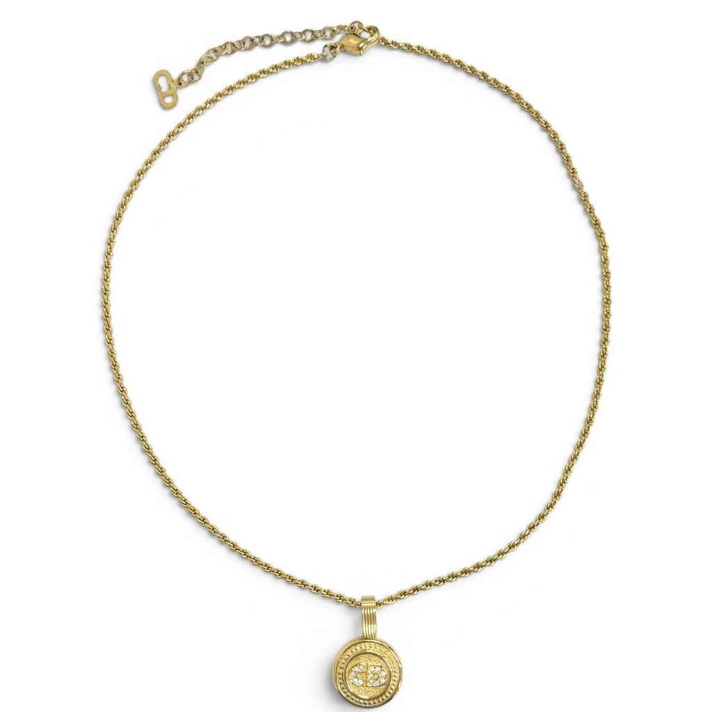 Dior Vintage CD Logo Rhinestone Coin Motif Necklace Gold