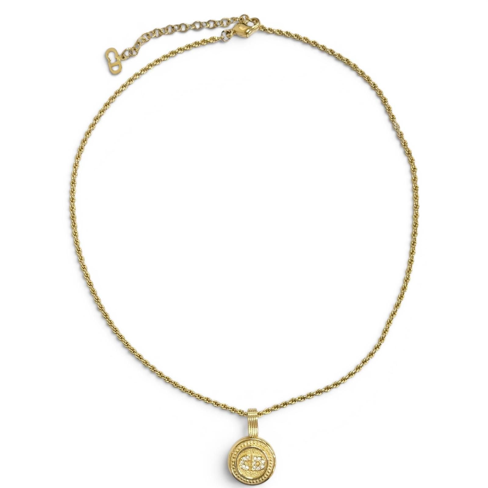 Dior Vintage CD Logo Rhinestone Coin Motif Necklace Gold