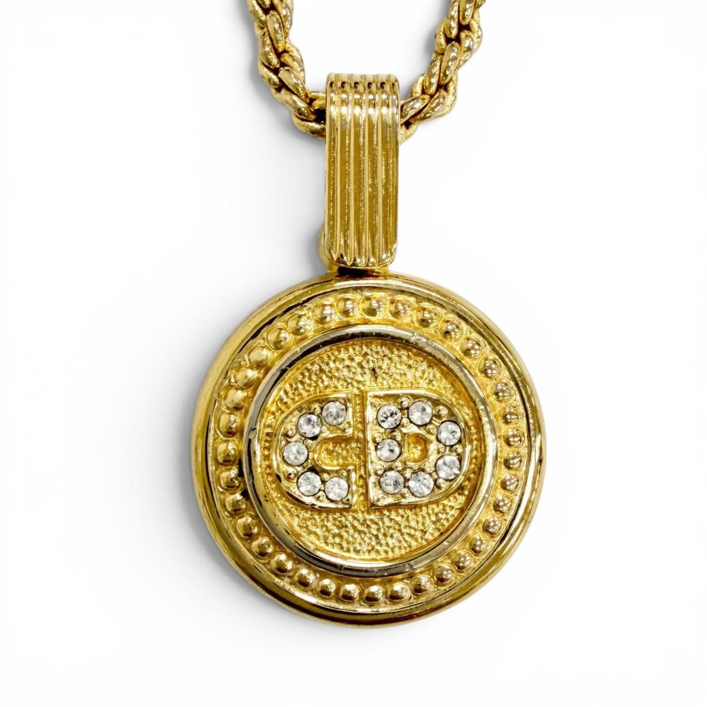 Dior Vintage CD Logo Rhinestone Coin Motif Necklace Gold