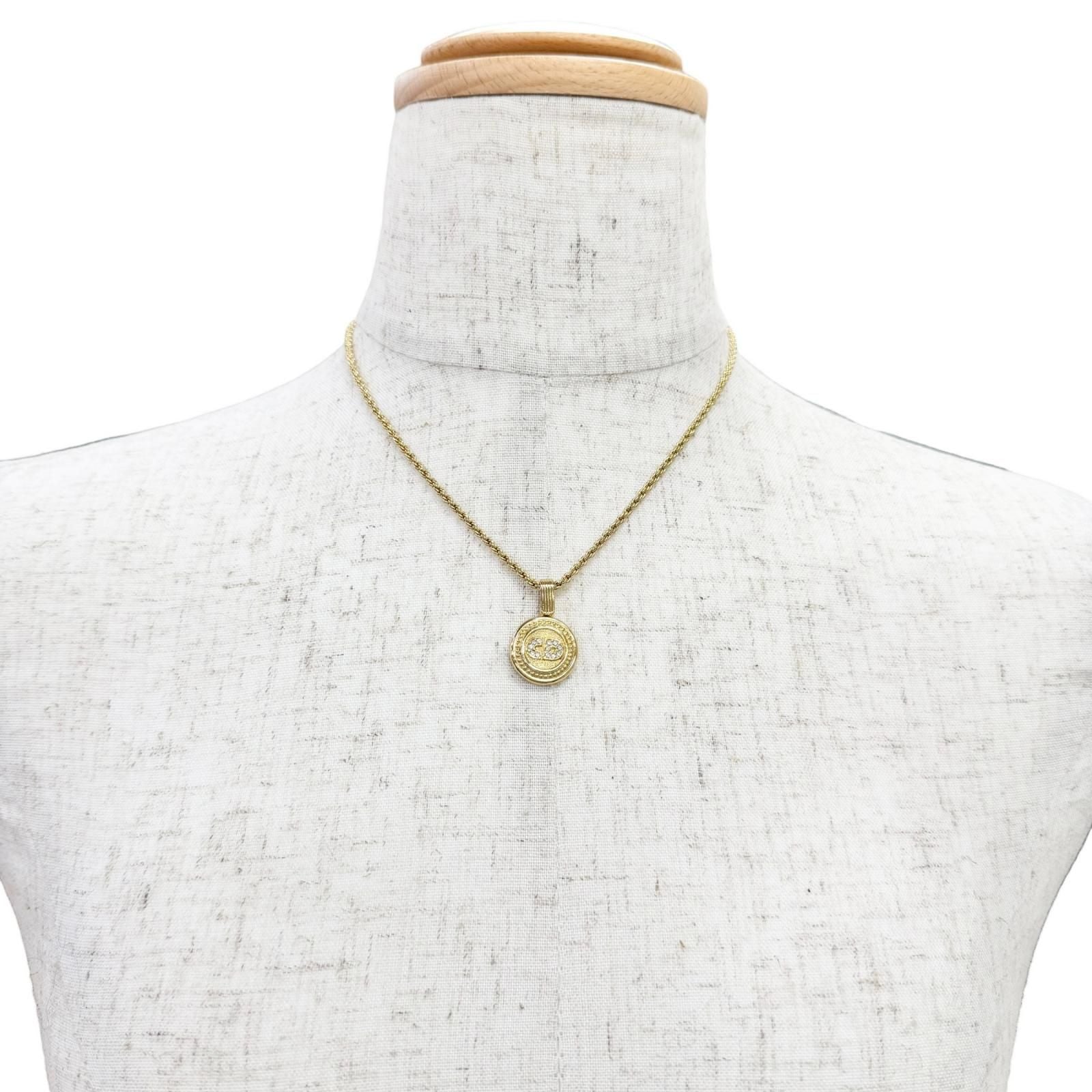 Dior Vintage CD Logo Rhinestone Coin Motif Necklace Gold