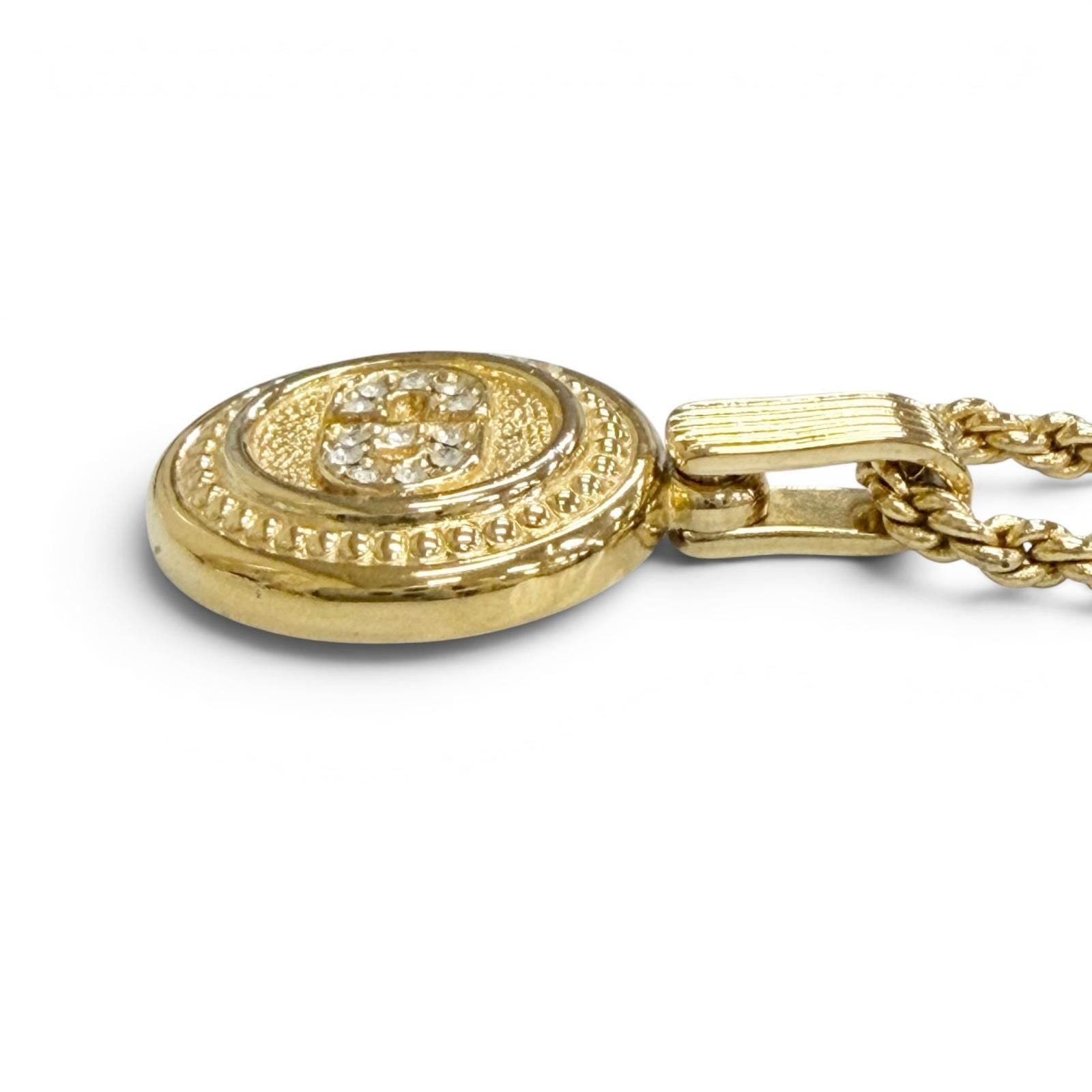 Dior Vintage CD Logo Rhinestone Coin Motif Necklace Gold