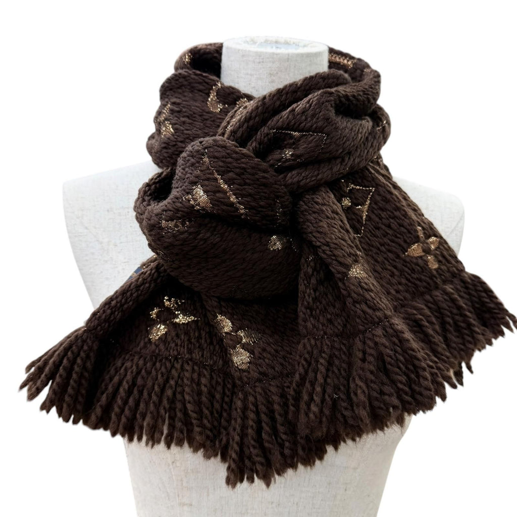Louis Vuitton Echarpe Logo Mania Shine Wool Silk Brown Monogram Scarf