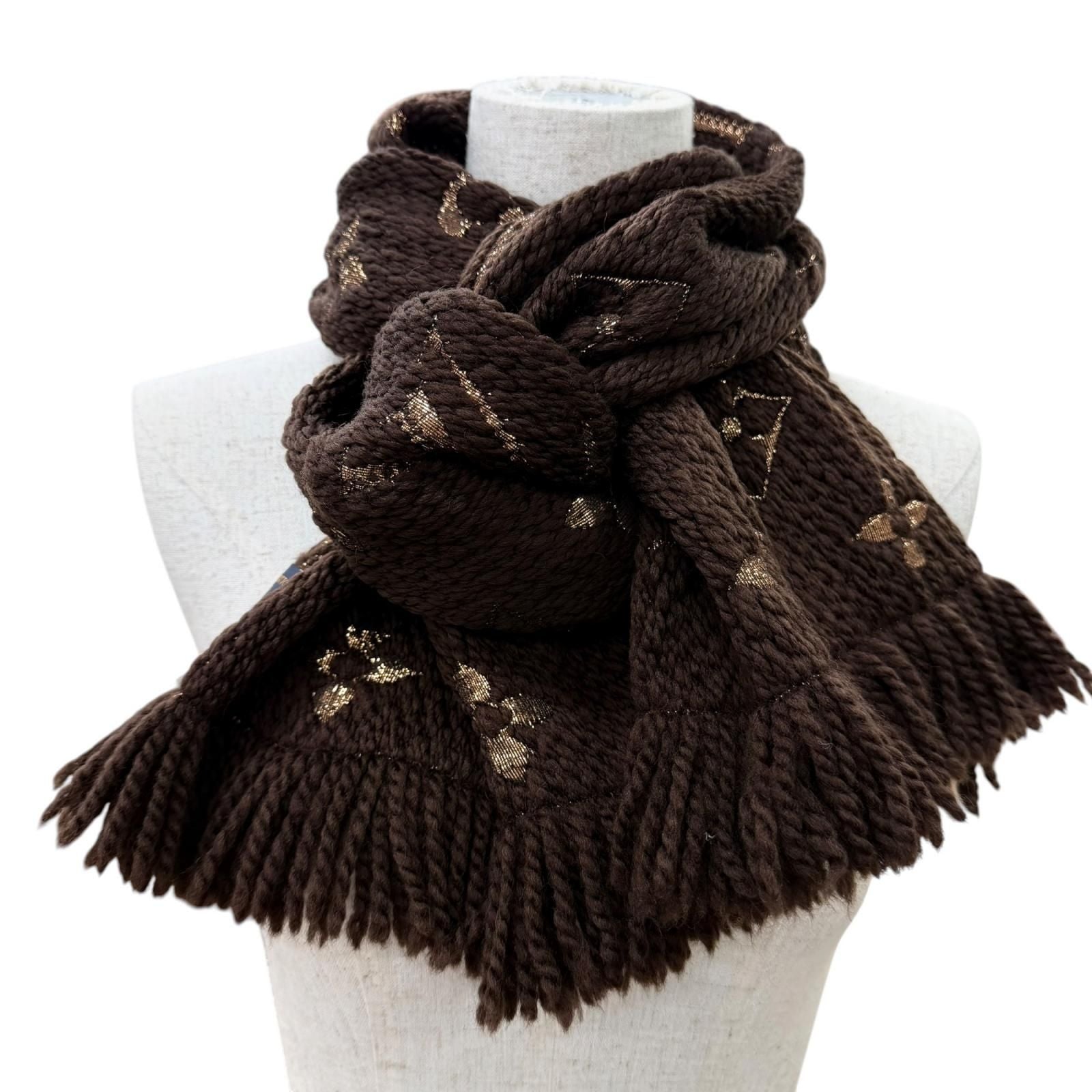 Louis Vuitton Echarpe Logo Mania Shine Wool Silk Brown Monogram Scarf
