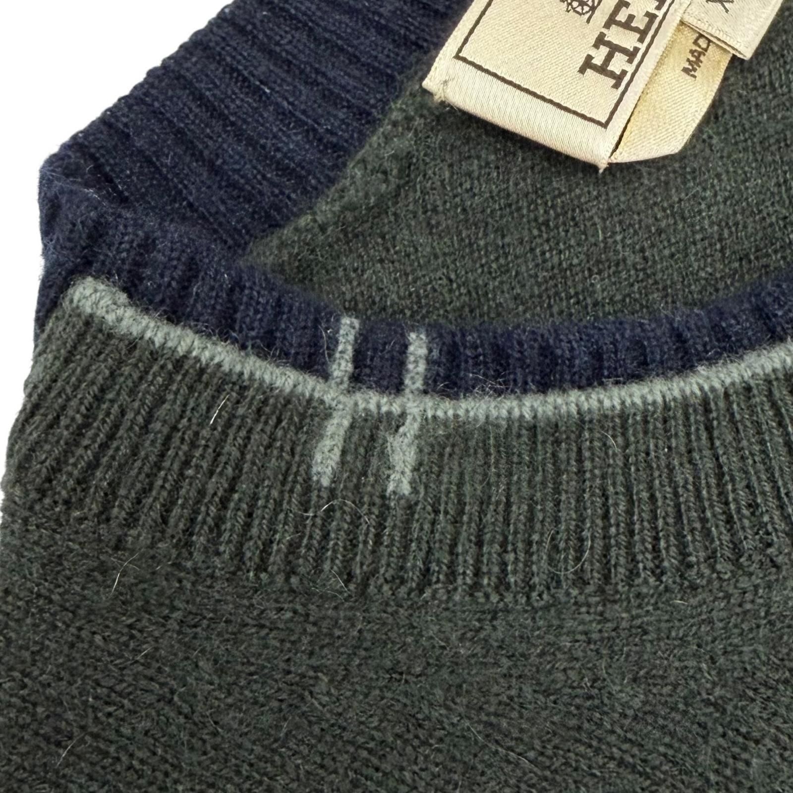 Hermes Cashmere Logo Embroidery Crew Neck Long Sleeve Knit Sweater Khaki Navy XS — view 5