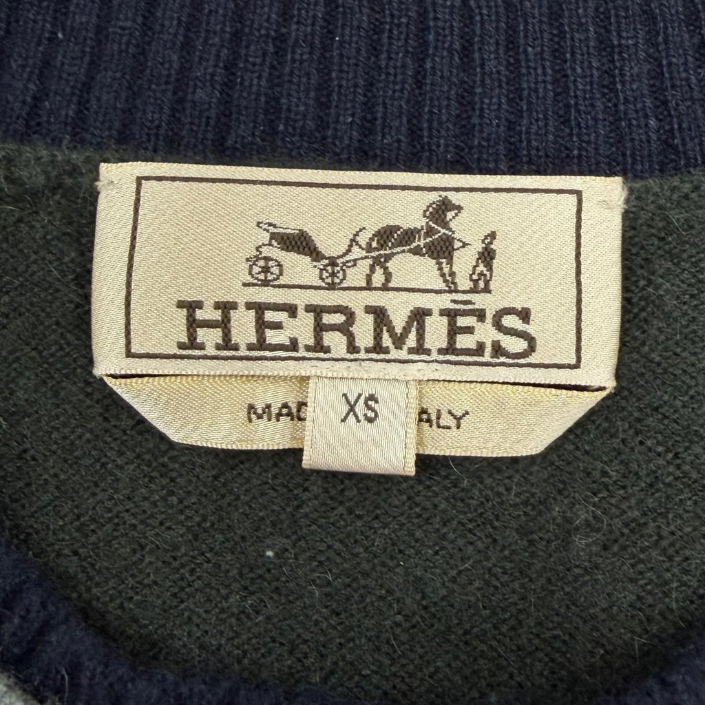 Hermes Cashmere Logo Embroidery Crew Neck Long Sleeve Knit Sweater Khaki Navy XS — view 6