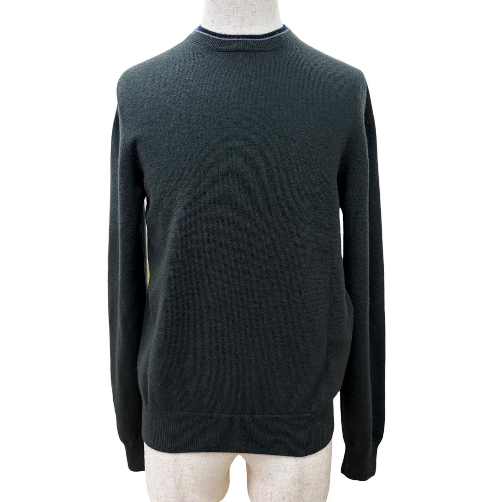 Hermes Cashmere Logo Embroidery Crew Neck Long Sleeve Knit Sweater Khaki Navy XS