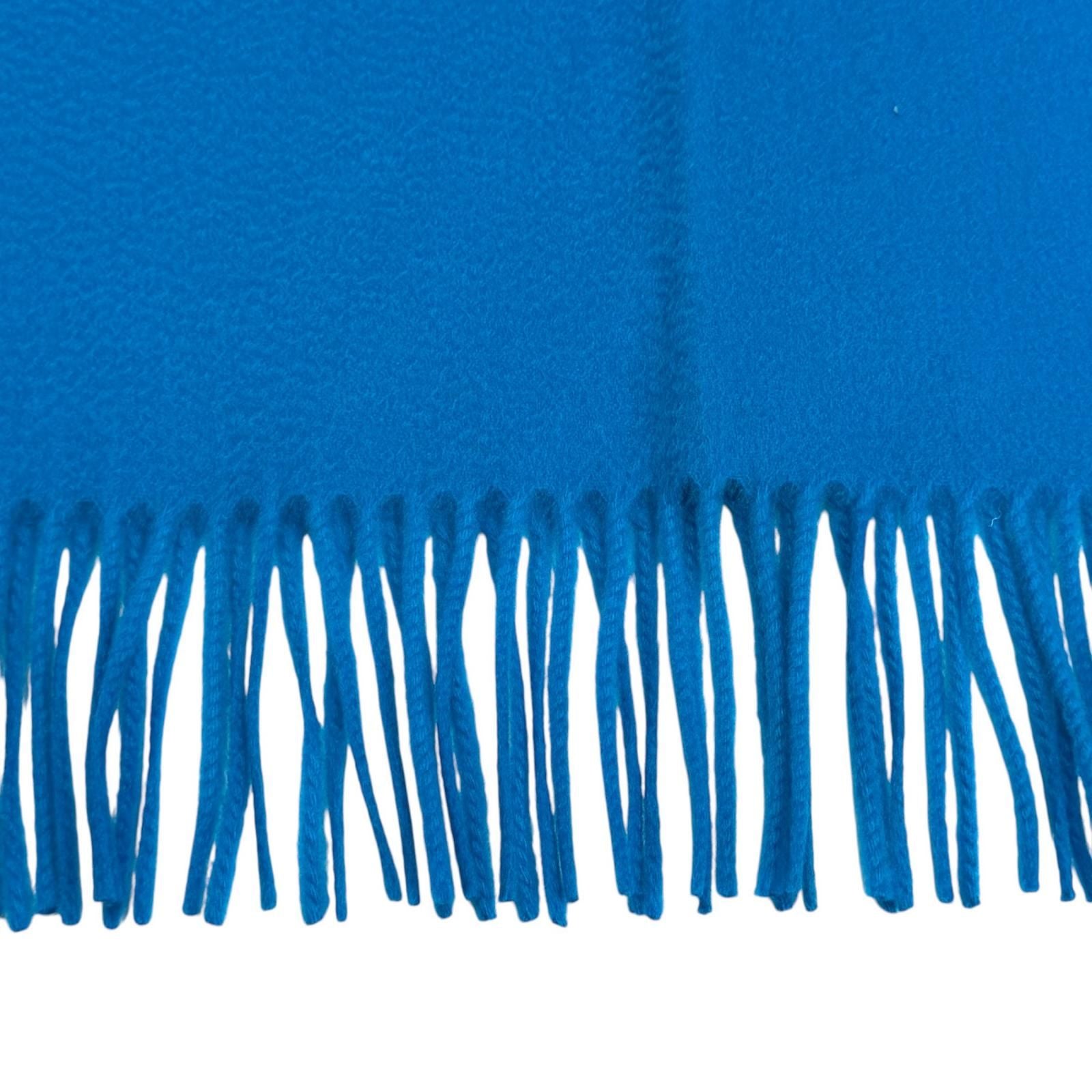 Hermes Cashmere Logo Embroidered Fringe Large Scarf Shawl Blue