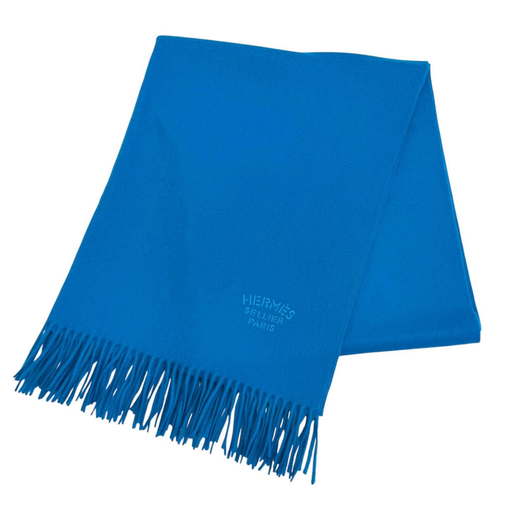 Hermes Cashmere Logo Embroidered Fringe Large Scarf Shawl Blue