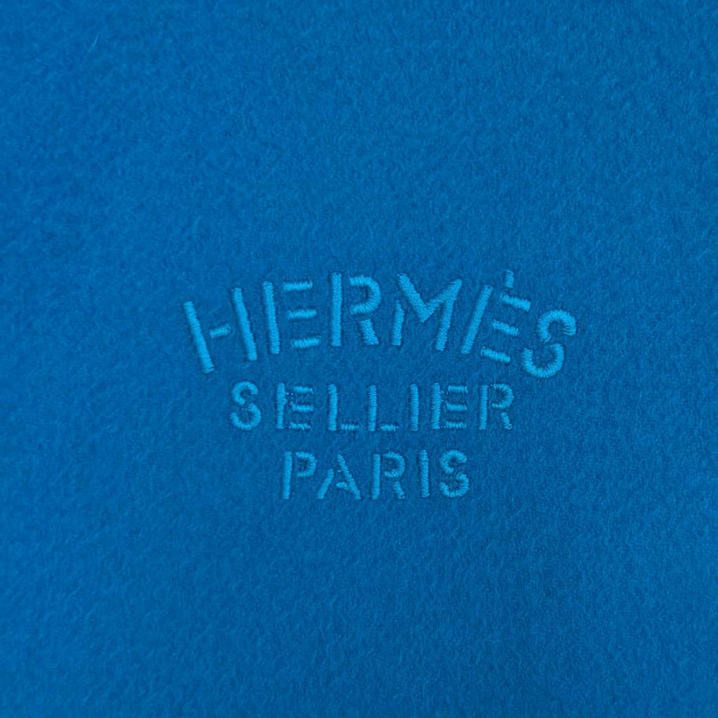 Hermes Cashmere Logo Embroidered Fringe Large Scarf Shawl Blue