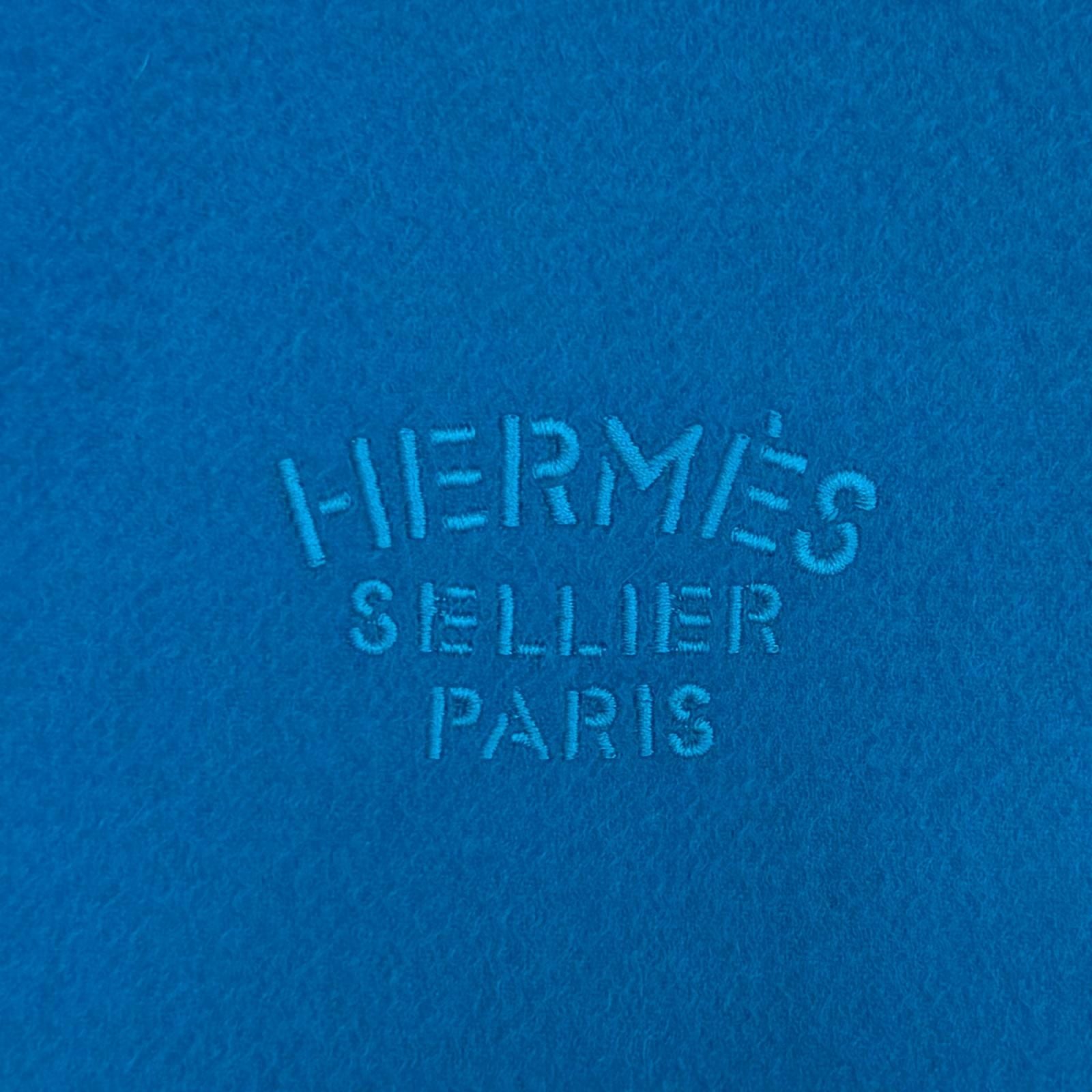 Hermes Cashmere Logo Embroidered Fringe Large Scarf Shawl Blue