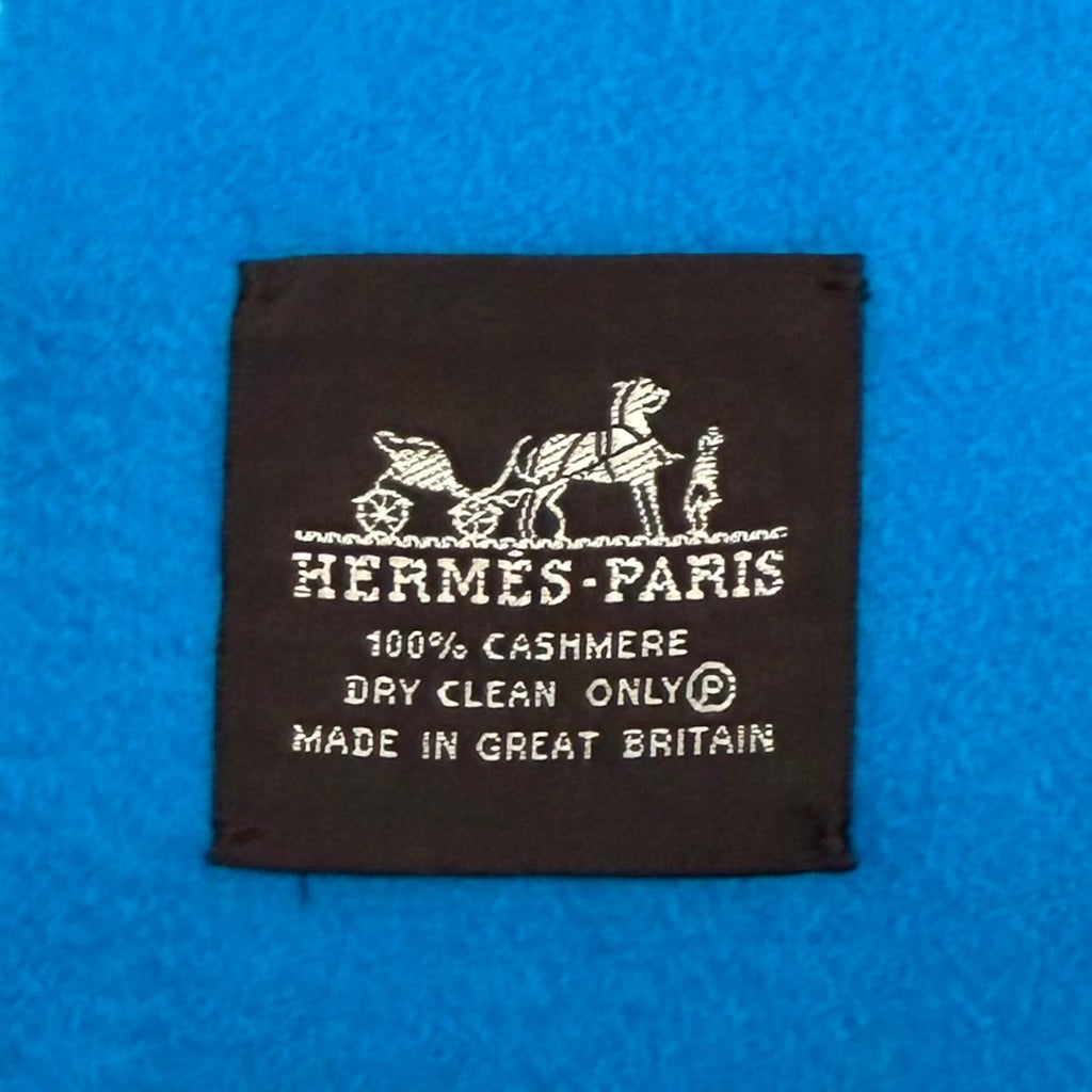 Hermes Cashmere Logo Embroidered Fringe Large Scarf Shawl Blue