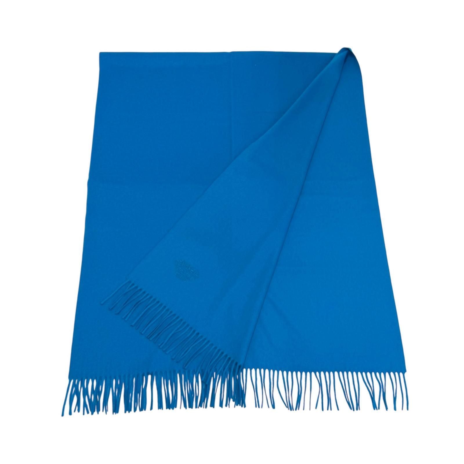 Hermes Cashmere Logo Embroidered Fringe Large Scarf Shawl Blue