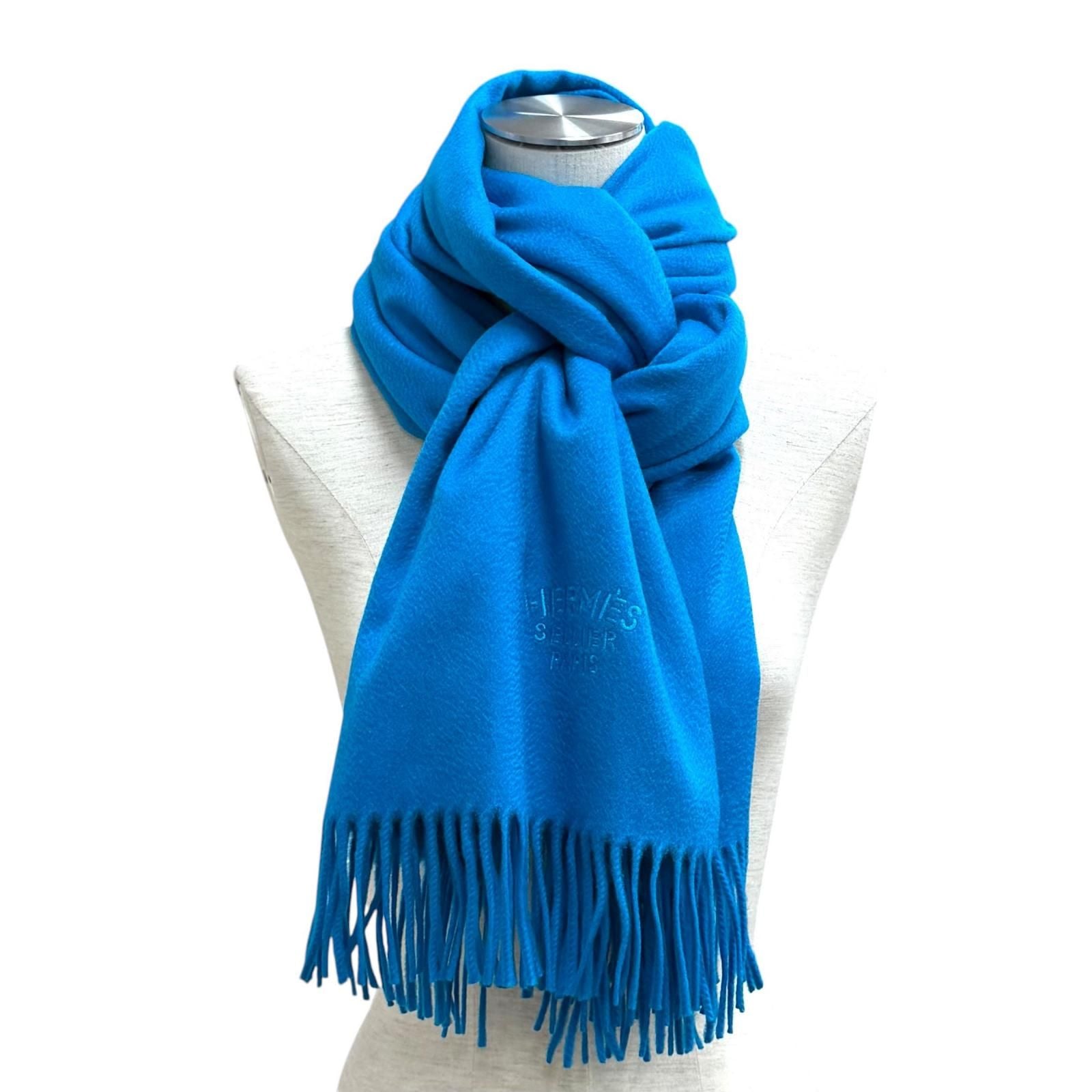 Hermes Cashmere Logo Embroidered Fringe Large Scarf Shawl Blue
