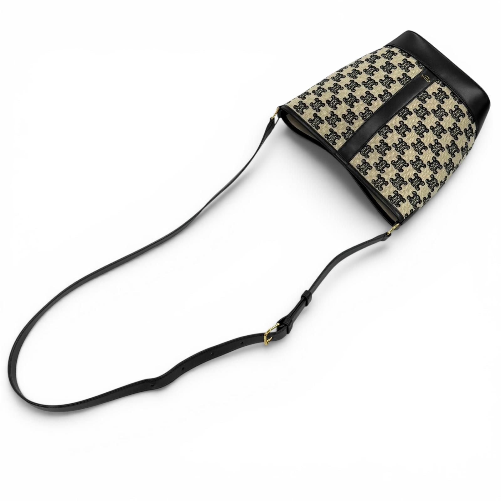Celine Small Bucket Triomphe Canvas &calfskin Shoulder Bag Off White Black