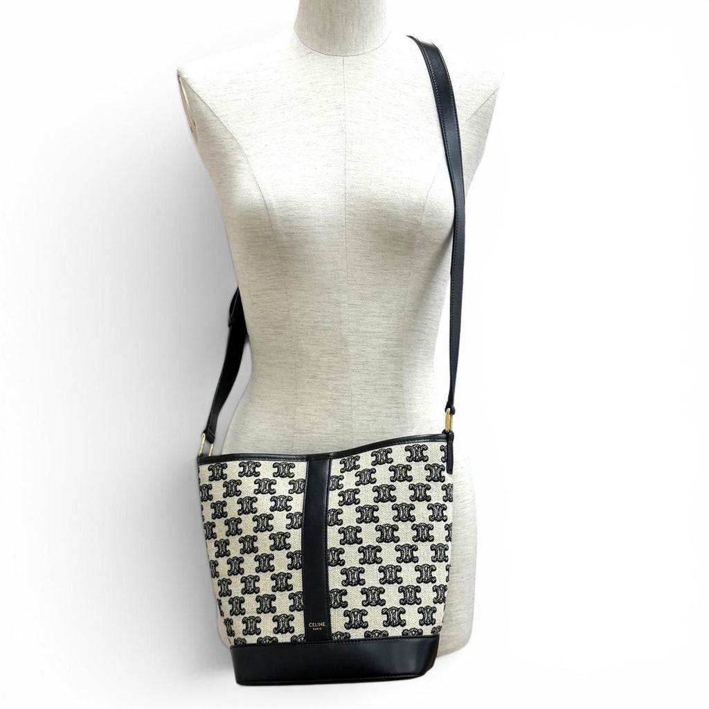 Celine Small Bucket Triomphe Canvas &calfskin Shoulder Bag Off White Black
