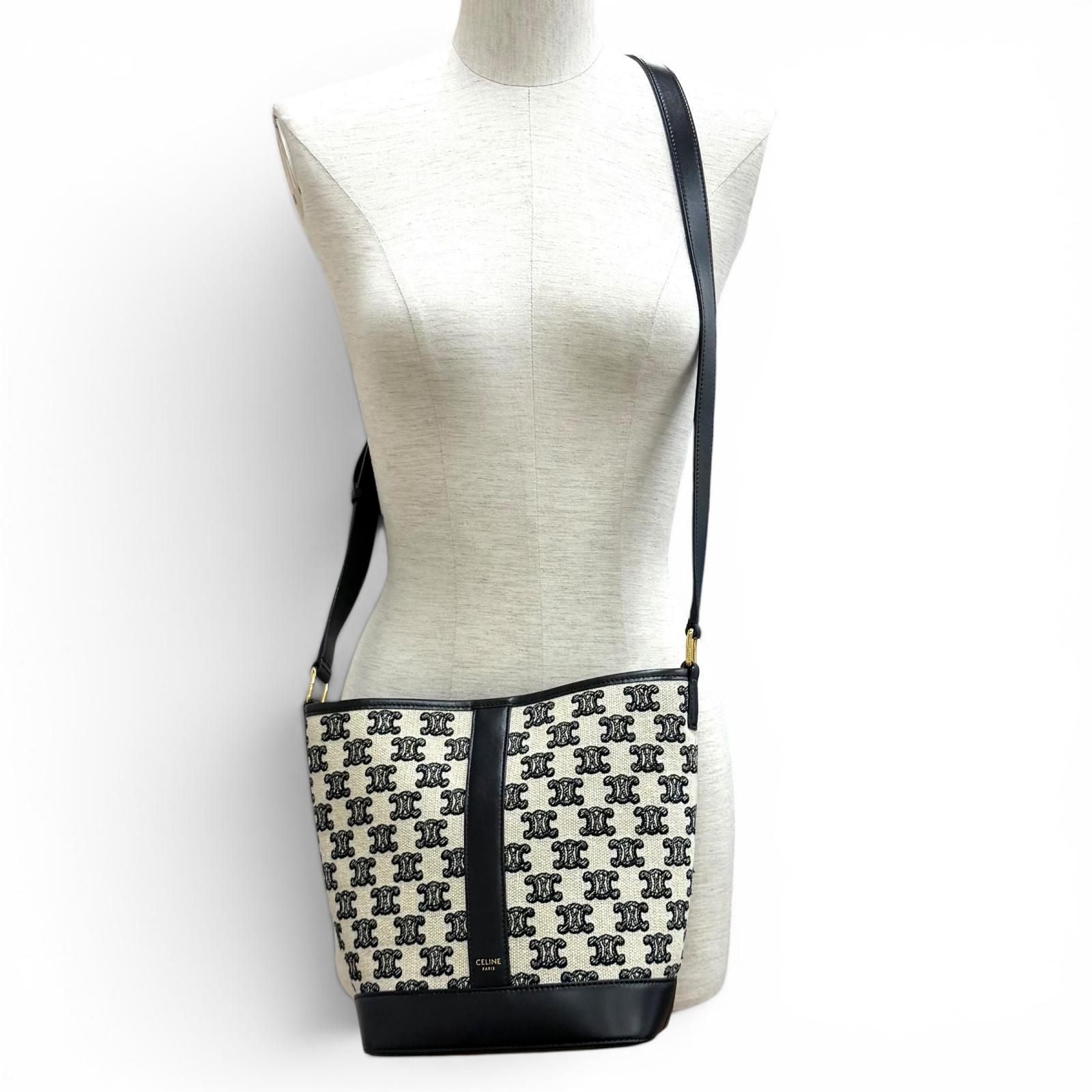 Celine Small Bucket Triomphe Canvas &calfskin Shoulder Bag Off White Black