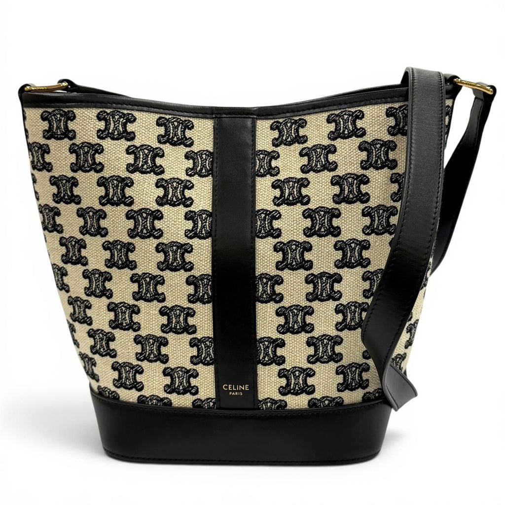 Celine Small Bucket Triomphe Canvas &calfskin Shoulder Bag Off White Black