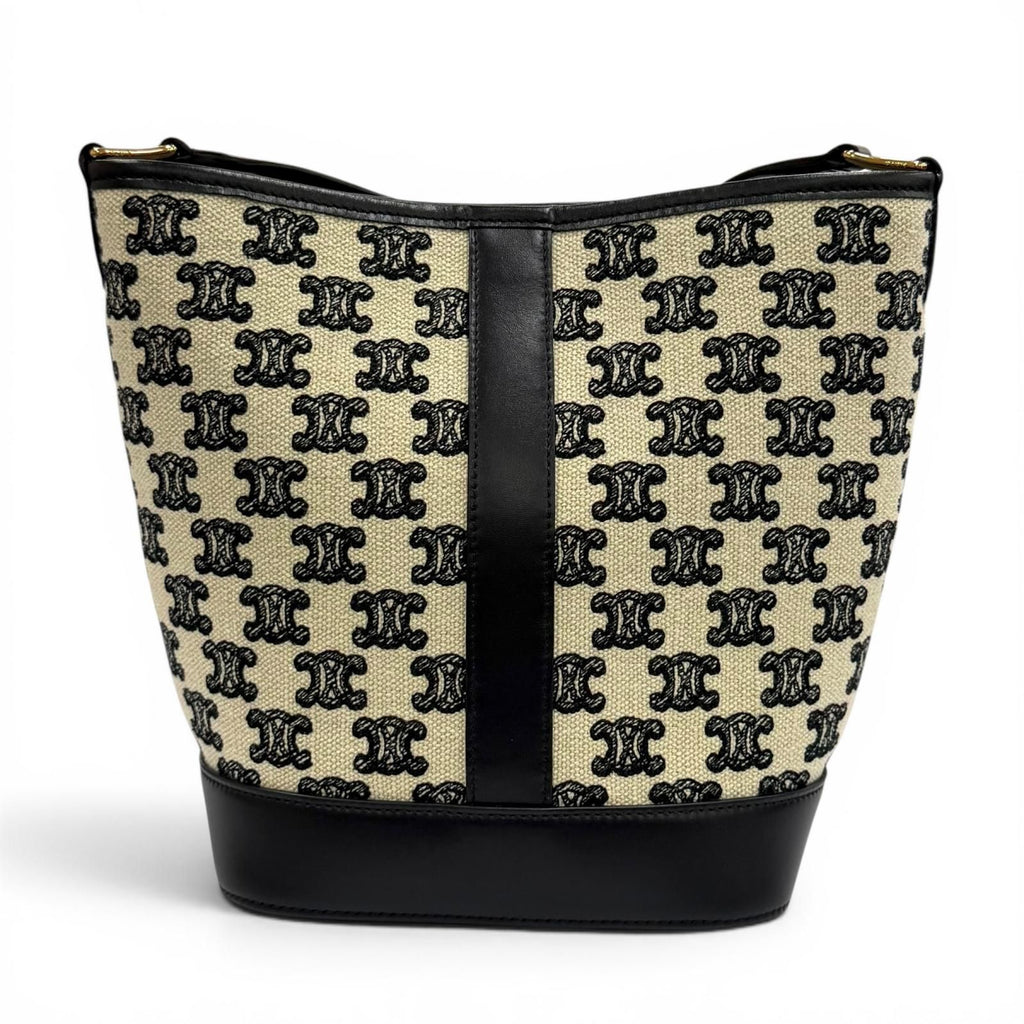 Celine Small Bucket Triomphe Canvas &calfskin Shoulder Bag Off White Black